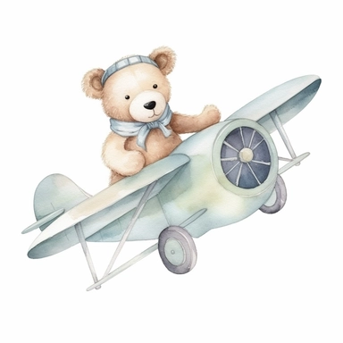 adorable light blue teddy bear flying an aeroplane, hand painted, watercolor, clipart, white background