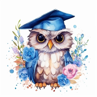 cute blue graduation owl and flowers illustration clipart, detailed, outline, white background, hd, watercolor, digital art