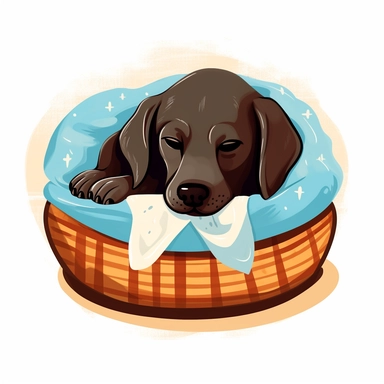 A clipart of a Labrador Retriever dozing off in a cozy dog bed, with a favorite toy nearby, crafted on a white background.