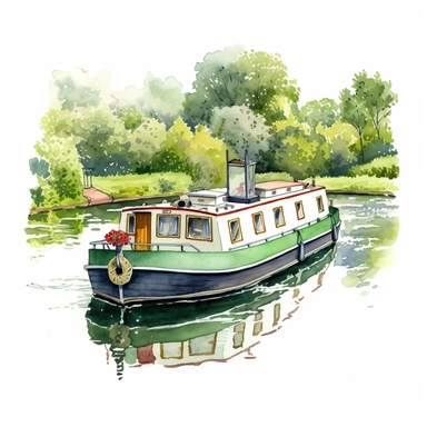 watercolour, pretty canal boat, detailed, summer time, clipart, white background