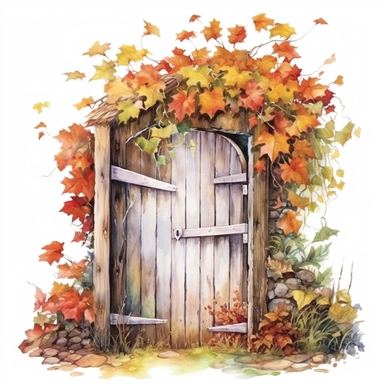 watercolor, hyper realistic, white background, white margins, 16k, ultra detailed clipart, cut out image, hand-drawn a rustic wooden gate adorned with ivy and autumn flowers, opening to reveal a picturesque garden filled with colorful blooms, capturing the essence of a hidden autumn oasis.