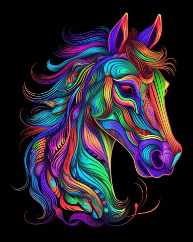 horse, neon colors, ultra detailed, clipart design graphic, vector, contour, 32k, black background,