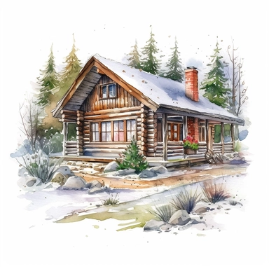 a log cabin in the woods with a garden. it is winter. on a white background. clipart. watercolour.