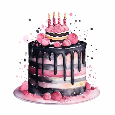 Watercolor pink and black birthday cake drawing, illustration clipart, high detailed, white background, digital art