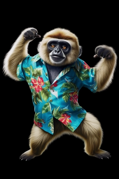 A standing cheerful White handed gibbon wearing a shirt, wearing a short, beach style, vibrant colors, clipart, black background, extremely detailed, photo realistic, high resolution, realistic, 8K