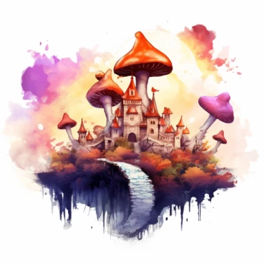 fantasy mushroom city in the clouds at sunset. white background. clipart. watercolour.