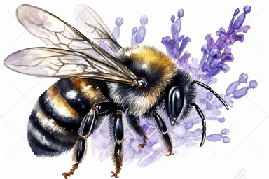 Aquarelle Bumble Bee Clipart on a lavender flower, detailed painting, white background, single design, isolated white background, 8k, spaced out