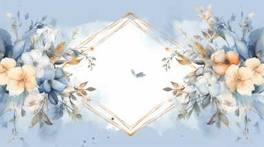 a simple gorgeous aesthetic vintage gold diamond-shape picture frame with minimal flowers border around outside the frame on soft blue background clipart, watercolor painting realistic, high quality, vibrant, Vicente Romero Redondo, Willem van Aelst