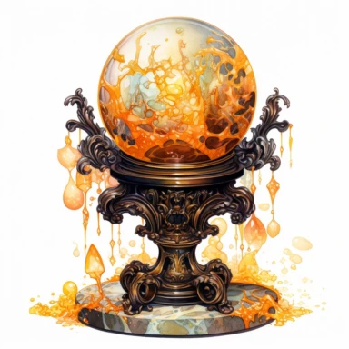 a beautifully illustrated witch's crystal ball on a pedestal, iridescent orange, yellow , and brown colors, celestial , detailed realism intricate , watercolor, octane render, Pre-Raphaelitism,hyperrealism, retro intricate details lines ,illustrated by Mima Jovanov and CJ Hendry, white background, siimple details, clipart
