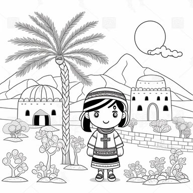 Landscape, simple, traditional costume, local food, animal, educational, history, and cultural diversity, clipart style, cute, picture book style, captivating, kid friendly cute character, black and white, more white than Black, coloring book, not color style, cartoon style, vector image, simple, line art style, character, white background