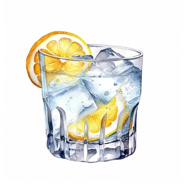 gin tonic glass with ice cubes and lemon slice, clipart, watercolor, white background, high quality
