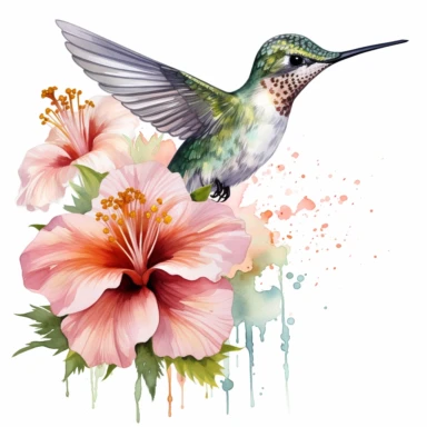 watercolor hummingbird with flower on white background. Clipart