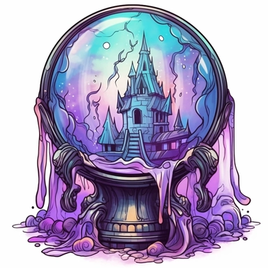 mystical crystal ball, Halloween, folk art, watercolor, clipart elements, smooth gradients, black contour outline, ultra detailed, white background, super clear, high quality