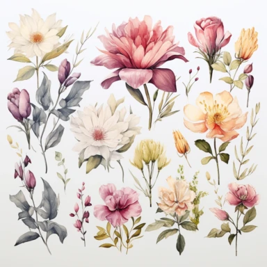high-quality watercolor clipart of vibrant colors codes of C2655E, 4A4C47, A7A388, F9F6F1 and A69862 Azalea flowers and bright green leaves