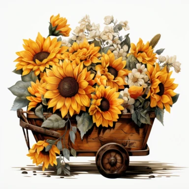 sunflowers in a wheelbarrow, in the style of photo realistic and hyper-detailed watercolor, sketchfab, ahmed morsi, realistic watercolor, use of common materials, handcrafted designs, clipart with white background