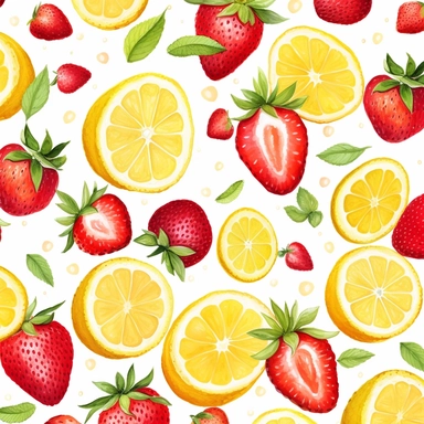 lemon and strawberry, Watercolor, vector, white background, clipart,Seamless patterns, repeating patterns design, flat illustration, Vector, 4K, Art station, digital print, highly detailed clean, A detailed illustration a field,3D vector art, cute and quirky, fantasy art, watercolor effect, bokeh, Adobe Illustrator, hand-drawn, digital painting, low-poly, soft lighting, bird's-eye view, isometric style, retro aesthetic, focused on the character, 4K resolution,vector image, photorealistic masterp