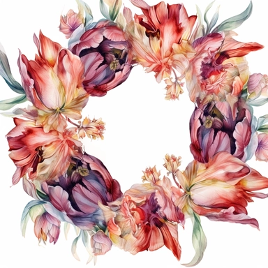 Watercolor Painting of beautiful multi - headed Tulip Wreath FLOWERS on white background DETAILED ILUSTRATION, Flora Design Patterns, Flemish Baroque by Rachel Ruysch, Behance, Rococo, Intricate Detailed, Soft Light Effect, Oil Paint Strokes, Light Academia Aesthetic Flowers, Lighting cinematic, all shown shimmering stamens, tyndall light, texture, colorful, 8k, fantasy, ray tracing, vivid, spectacular lighting, octane rendering, highly detailed, ultra - realistic, white background, clipart