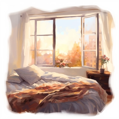 The morning sunlight shines into the window, and there is a bed in the room with oil paintings, White background, Clip Art Style