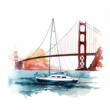 yacht in front Golden Gate Bridge, watercolor clipart, bright colors, minimalist, isolated white background, 8k
