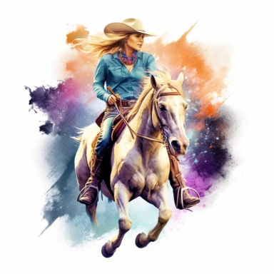 Cowgirl rodeo riding a horse illustration, nebular mix background, clipart, photorealistic illustration, watercolor, high detail, 8k polished, 8k, vibrant colors, sticker, majestic, die cut, white background