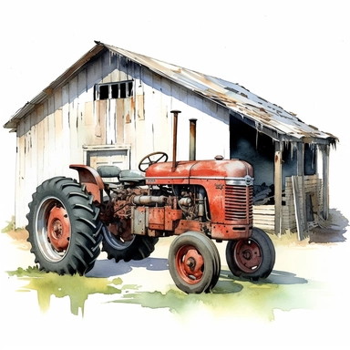 Farm Tractor , barn, farmhouse ,style by Lucy Fleming, watercolor, smooth gradients, black contour outline, ultra detailed, clipart elements, delicate pastel colors, solid white background, super clear, high quality