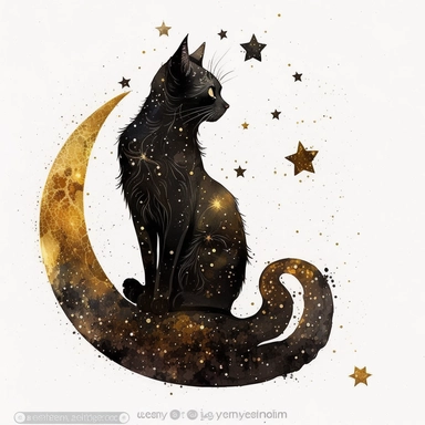 a sitting skinny pagan black cat with moon and stars against white background, clipart, moon, watercolors, white background, stars, planets, galaxy, magical, ornaments, little golden stars, full body, imaginative spacescapes, sparky, golden glitter, oraneg eyes, use Cool Color Palette, intricate illustrations, graffiti - inspired animals
