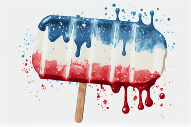 Red, white and blue patriotic popsicle on wooden stick. Hand drawn water color drawing on white, isolated clip art element for design. Memorial Day, Flag Day, 4th of July, Labor Day sweet decoration, realistic,