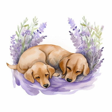 two dogs sleeping in a clump of lavender watercolor clipart