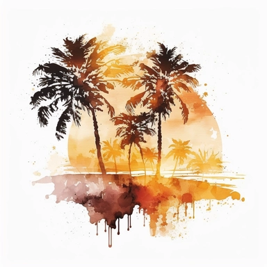 watercolor detailed palm trees on the beach with sunset in the back clipart, white background, no text