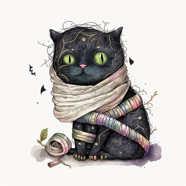 cute mummy black cat halloween, Watercolor style, Clipart,highly detailed on white background