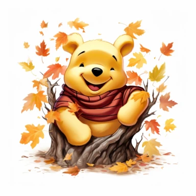 A winnie the pooh from disney , face with so many mapple leaves, smiling, halloween, full body image, pixar style, clipart, white background, fall scene, bright colors, A head shot