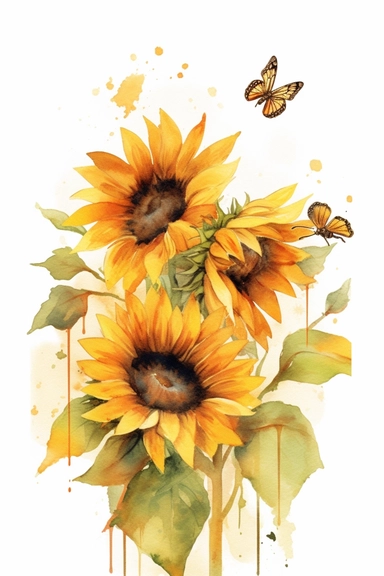 watercolor style, sunflower with bees flying around,clipart, on white background,