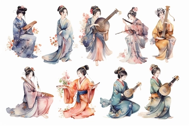 watercolor geishas in different poses, wearing different kimonos and hairstyles, and engaged in various traditional activities, such as playing musical instruments, performing dances, and serving tea clipart, HD, isolated white background, spaced out