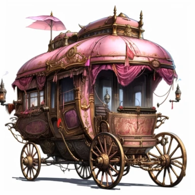 a close up of a horse drawn carriage with a pink and gold carriage, akihiko yoshida. unreal engine, neo - steampunk caravan, a steam wheeler from 1880s, telegram sticker, inspired by Greg Staples, fog bionic vogue, very detailed toad, ( ( ( buses, concept image, caravan PNG steampunk fantasy watecolor style white background Clipart