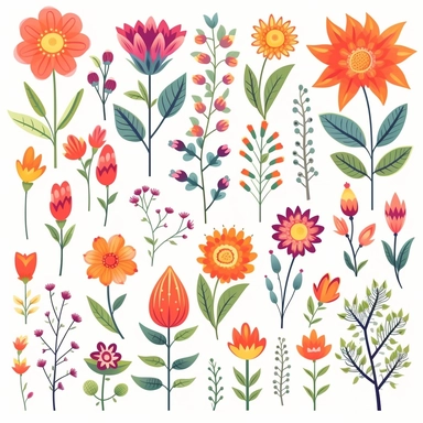 Colorful Floral Arrangement Clipart Set in the style of amanda clark - flowers, leaves, buds, Spring flowers clip art set