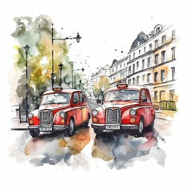 watercolor london taxis in streets, illustrations clipart set, simple, , cartoon elements ,different variants , separate elements with a margin - @Lookfar (fast) Image