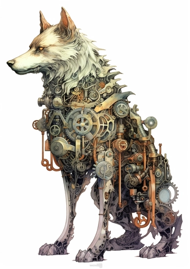 Steampunk Gray wolf clipart, realistic, Watercolor Retro Futuristic Victorian Era, art picture, full body, watercolor, multicolor, white background, lots of details, high quality - 8K,