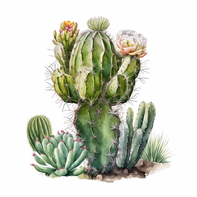 watercolor art, stunning desert cacti clipart featuring a single majestic cactus, set against a pristine white background, highlighting its natural beauty and elegance., white background, no text, no caption