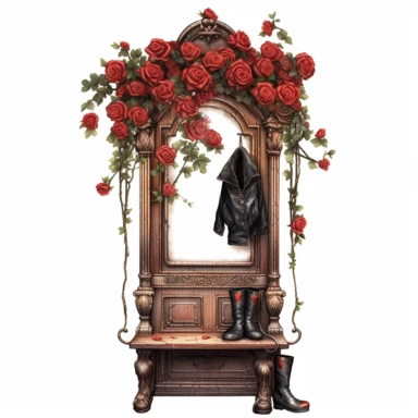 A beautifully weathered Victorian hall tree, its worn hooks and faded mirror inviting guests to hang their coats. The intricate carvings and timeworn woodwork are lavishly adorned with an opulent abundance of live vibrant red roses, creating a striking tableau that radiates warmth and the natural beauty of live flowers. White background, clipart, watercolor, intricate detail