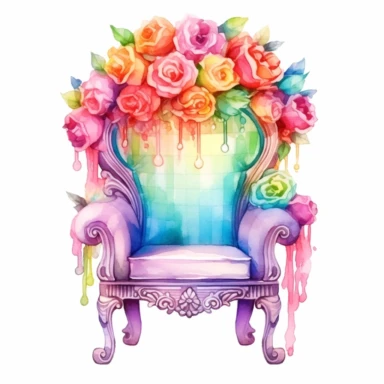 Make a clipart of a beautiful princess's throne, give it lots of jewels and roses for accents, use bright pastel rainbow colors, watercolor style, white background