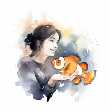 Adorable pet Clownfish having happy moment with it's human owner, water color style, clipart, white background