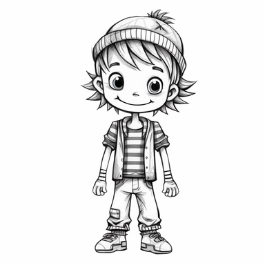 boy doll style smiling, thin black contour lines, arms crossed, jeans, sneakers, striped hat, tousled hair, cartoon clipart, cute eyes, illustration for children, disney
