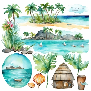 Tropical island beach clipart set isolated on white, watercolor, turquoise, - - no photograph