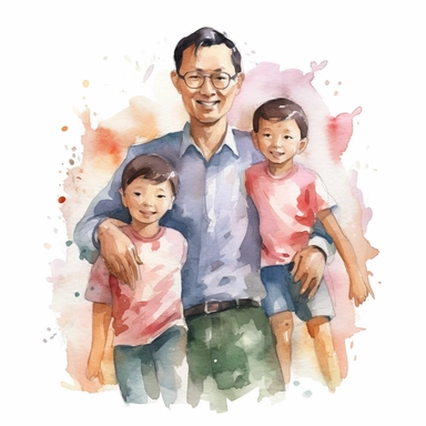 watercolor clipart happy asian father and children