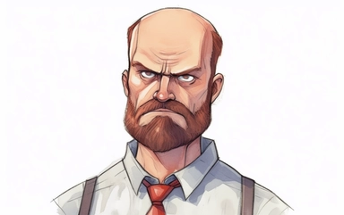 watercolor Male public school guidance counselor looking gruff with angry animated face wearing shirt with Tie open collar background Auburn hair slightly balding with disheveled Office clipart,in the style of Eleanor Campbell and Keith Ward high resolution