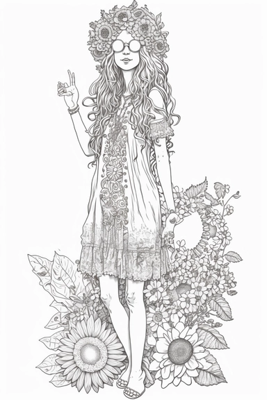 Hippie Girl Full body Clipart Flower Power, vector, illustration, cartoon, marvelous, black and white line art adult coloring page, highly detailed, white background