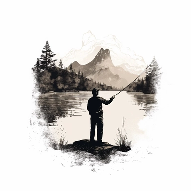 the man catching a fish, Lake, Vintage style minimalist line art, doutone, Clip Art , T-shirt design, White background