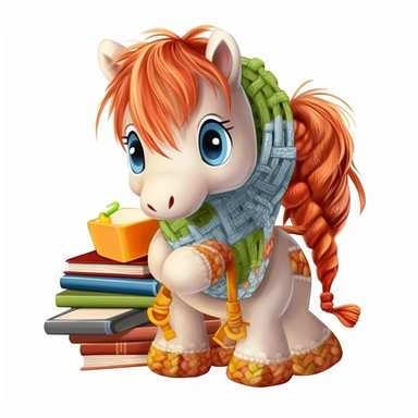 super-cute knitted baby Horse with backpack and student book, knitted style, Perfect for nursery art and children's book illustration style, simple, cute, full color, clipart, watercolor illustration, single object, high definition 8k, white background for removing background