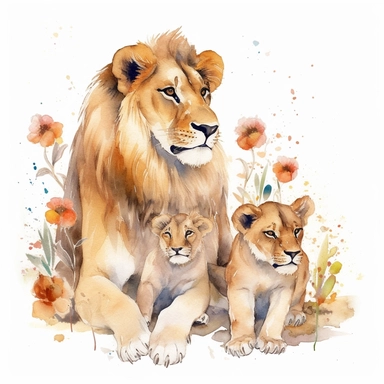 family, baby, lion and lioness,Watercolor Clipart high quality, white background , lion and lioness, cute, love