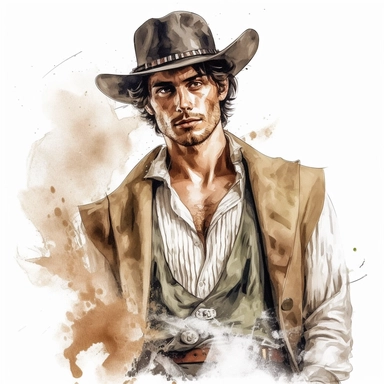 beautiful stunning handsome vintage cowboy young man, tarot style, paint art style, clipart, white background, superrealistic, one of a kind